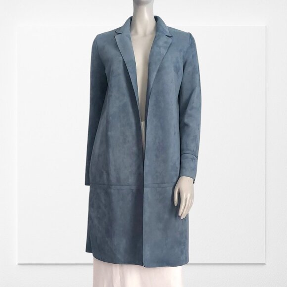 ZARA Faux Suede Blue Blazer XS Longline Open Front Trendy Dressy Jacket Modern - Picture 13 of 13